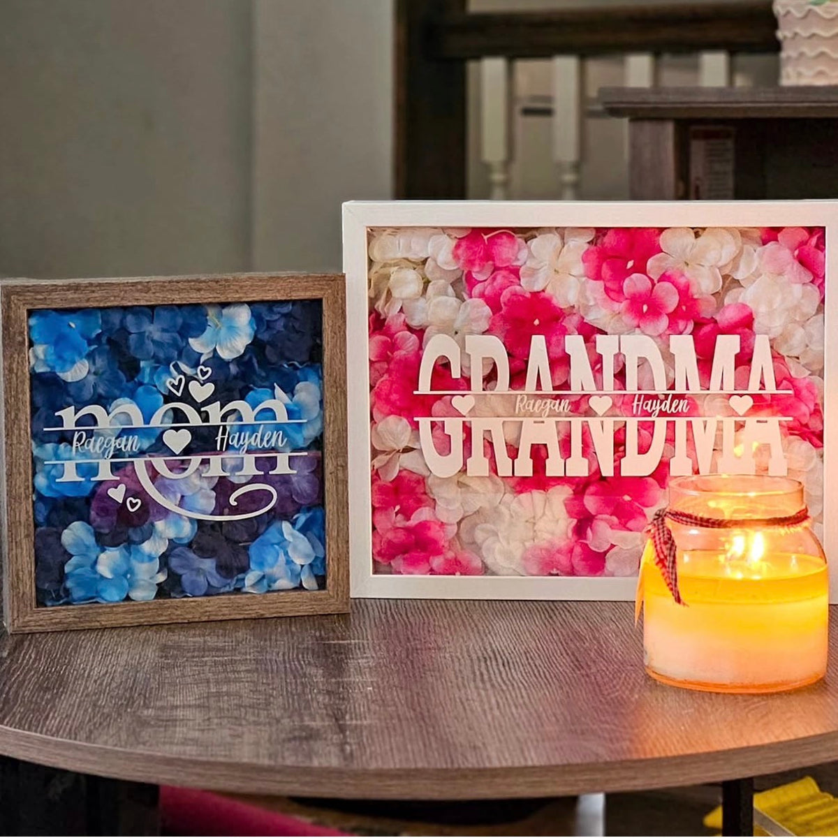 Personalized floral shadowboxes showing Mom and Grandma designs with children's names