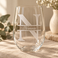 Monogram etched stemless wine glass with frosted letter etching