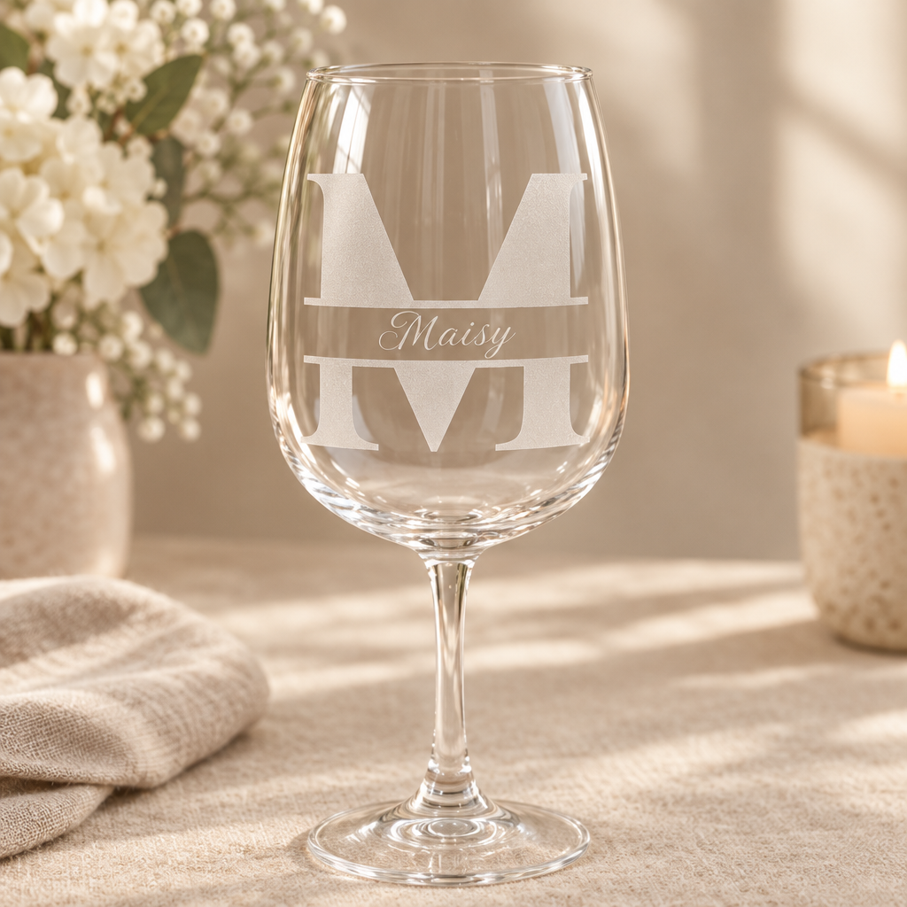 Monogram etched stemmed wine glass with frosted letter etching
