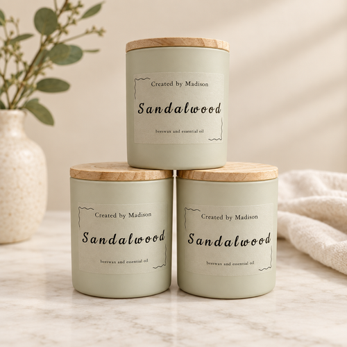 Three Sandalwood beeswax candles by Created by Madison on a soft neutral background