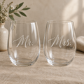 Mr. and Mrs. etched stemless wine glasses set with frosted script etching