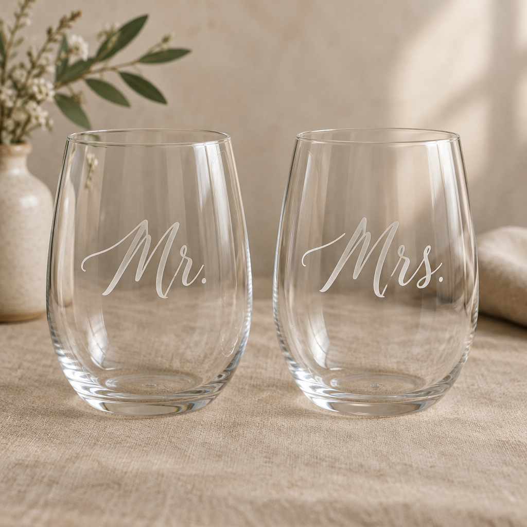 Mr. and Mrs. etched stemless wine glasses set with frosted script etching