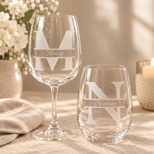 Monogram etched stemmed and stemless wine glasses together