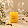 The Signature Gift Set – Vanilla beeswax candle with Mr. & Mrs. stemmed wine glasses