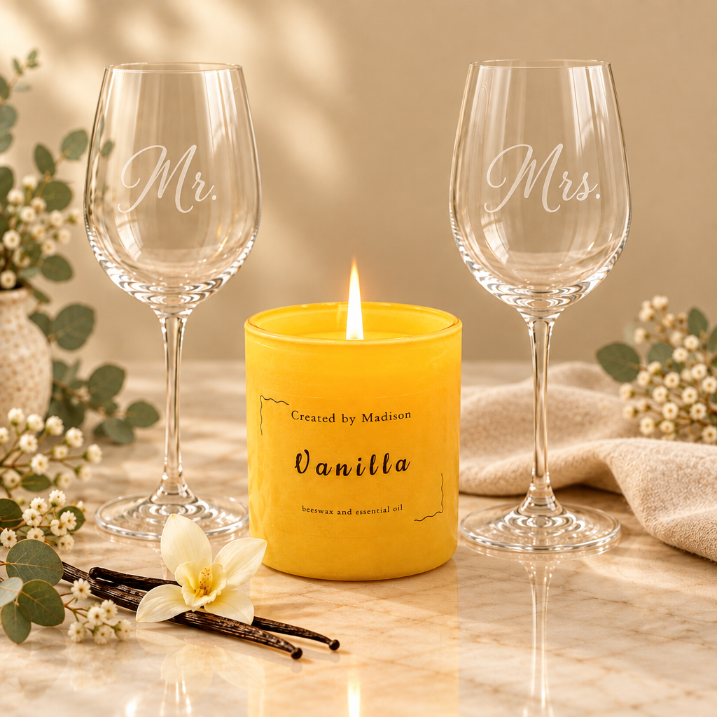 The Signature Gift Set – Vanilla beeswax candle with Mr. & Mrs. stemmed wine glasses