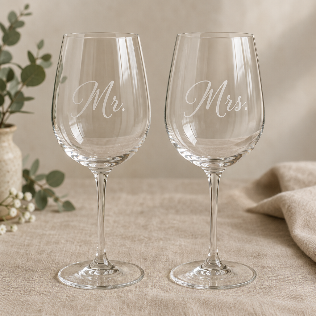 Mr. and Mrs. etched stemmed wine glasses set with frosted script etching